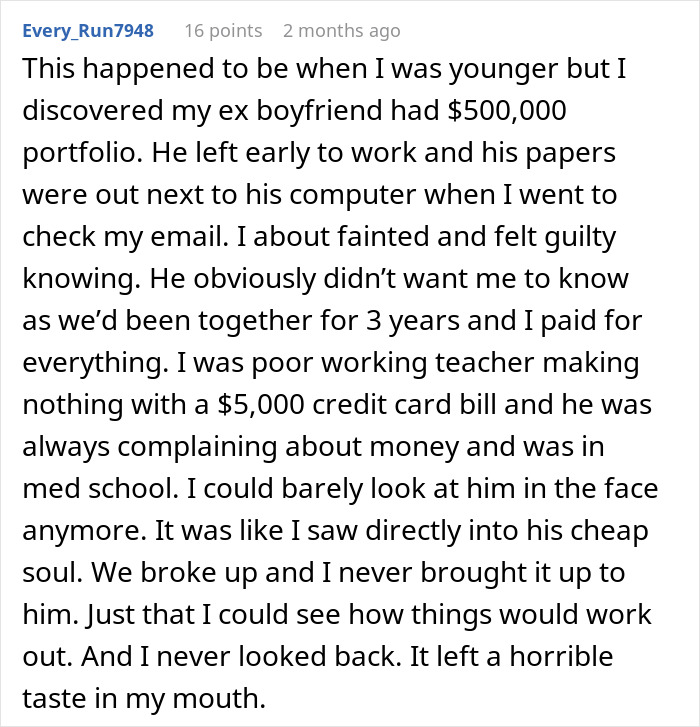 Woman upset after discovering boyfriend pretended to be broke while having large savings and financial stability.