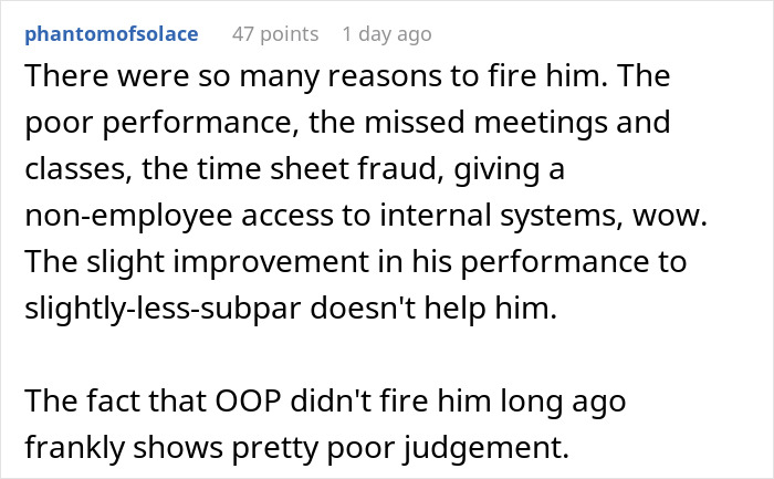 Comment discussing reasons for firing an employee including poor performance, fraud, and non-employee access in a kid work mother fired context. Comment discussing reasons for firing an employee including poor performance, fraud, and non-employee access in a kid work mother fired context.