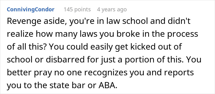 A Reddit comment from ConnivingCondor discussing potential legal repercussions for destroying a life, implying revenge.