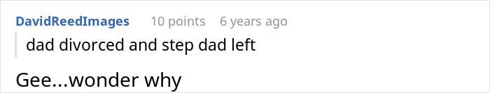 A Reddit comment reading dad divorced and step dad left. Gee...wonder why. A young family faces debt and struggles to buy a house.