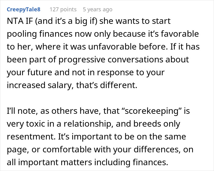 A Reddit comment discussing financial fairness in a relationship, advising on splitting finances based on genuine discussions, not increased salary.
