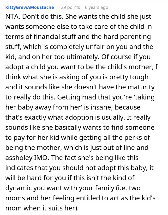 Comment discussing woman wanting baby adopted by brother and sister-in-law upset about being only mom in family conflict. Comment discussing woman wanting baby adopted by brother and sister-in-law upset about being only mom in family conflict.