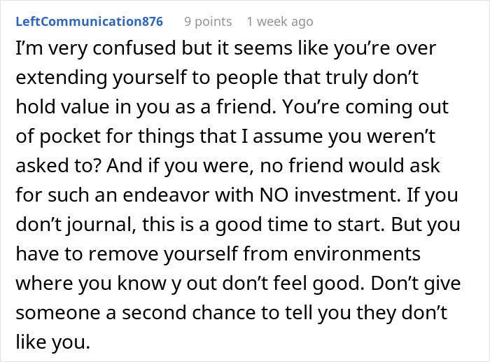 Screenshot of a Reddit comment discussing overextending oneself in toxic friendships and setting boundaries in relationships. Screenshot of a Reddit comment discussing overextending oneself in toxic friendships and setting boundaries in relationships.