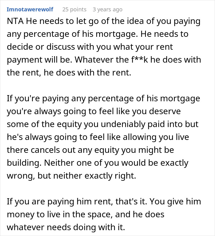 A Reddit post about a woman refusing to split a boyfriend's mortgage 50/50 without being on the deed.
