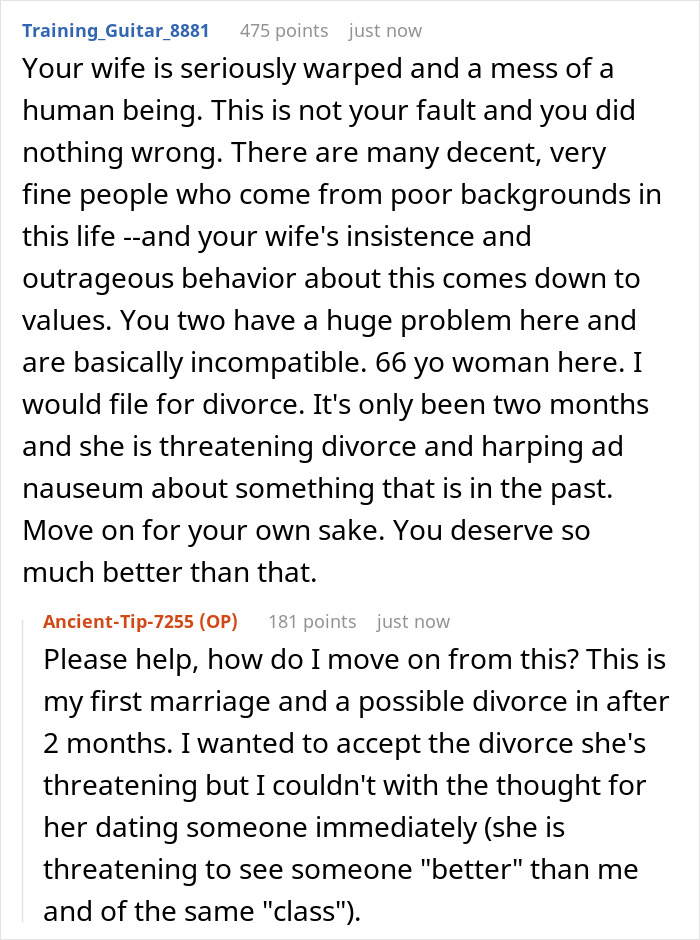 Reddit thread showing advice on a man&rsquo;s struggle with wife&rsquo;s obsession over his low-class ex causing divorce after 2 months.