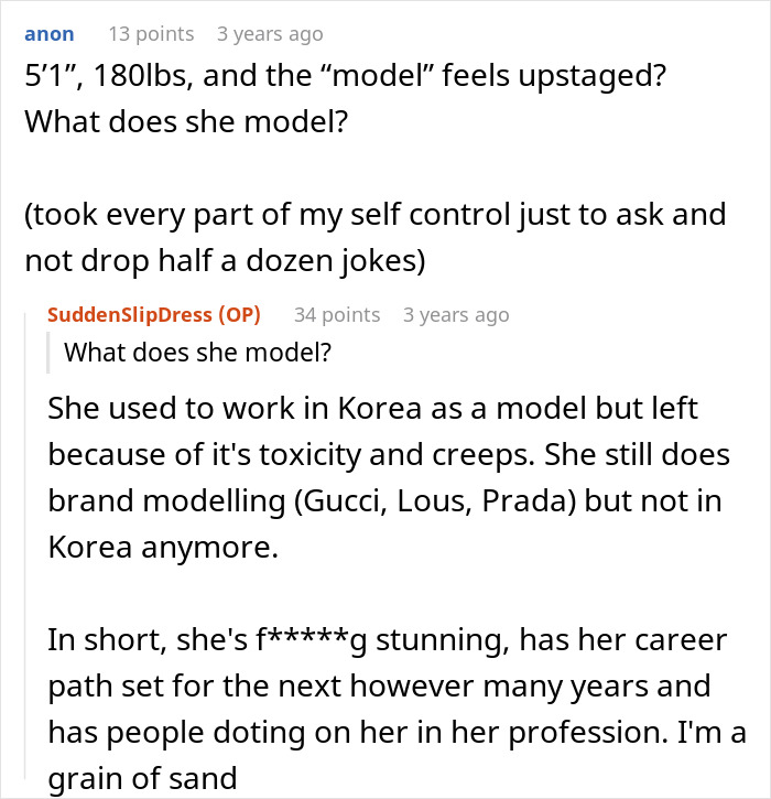 A Reddit post discussing a model's career, prompting questions related to a groom's sister and a bride's dress choice.