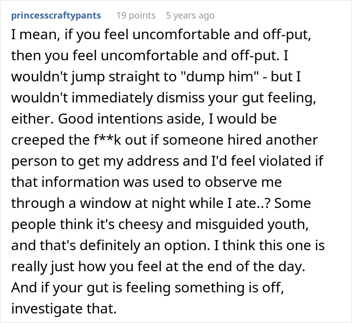 User comment discussing discomfort and gut feelings about a man&rsquo;s creepy confession and relationship concerns.