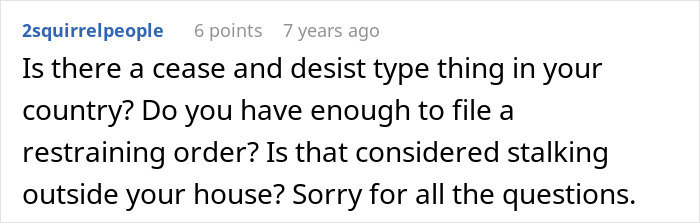 Screenshot of an online comment discussing legal actions like restraining orders and stalking related to homophobic MIL trying to get son&rsquo;s boyfriend arrested.