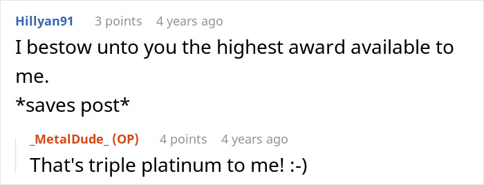 A screenshot of a Reddit comment praising a post, saying "I bestow unto you the highest award available to me. *saves post*". This relates to an employee getting perfect revenge on a horrible boss.