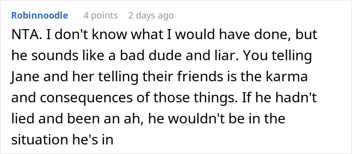 Screenshot of a Reddit comment discussing a man’s bad behavior and the consequences involving his ex and friends. Screenshot of a Reddit comment discussing a man’s bad behavior and the consequences involving his ex and friends.