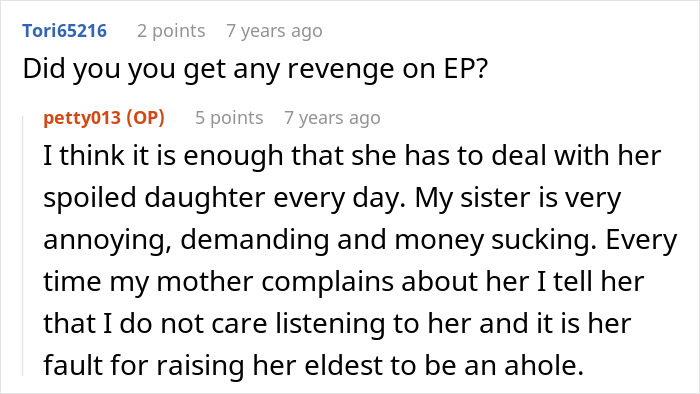 Screenshot of a forum conversation where a user discusses a mom not defending her kid and taking matters into her own hands.