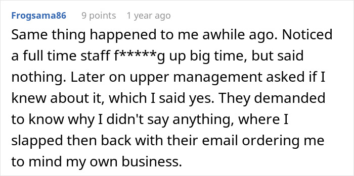 Comment describing management chewing out a worker for going the extra mile instead of thanking them, expressing regret.