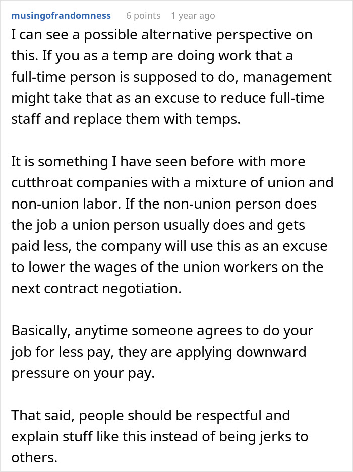 Screenshot of a detailed comment discussing management criticizing workers going the extra mile and its impact on wages.