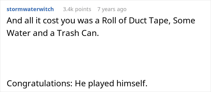 Reddit comment about a man using duct tape, water, and a trash can in a revenge prank on a honking driver.