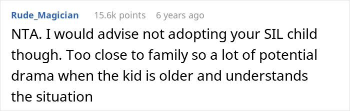 Screenshot of an online comment discussing adoption drama between a woman, her brother, and sister-in-law. Screenshot of an online comment discussing adoption drama between a woman, her brother, and sister-in-law.