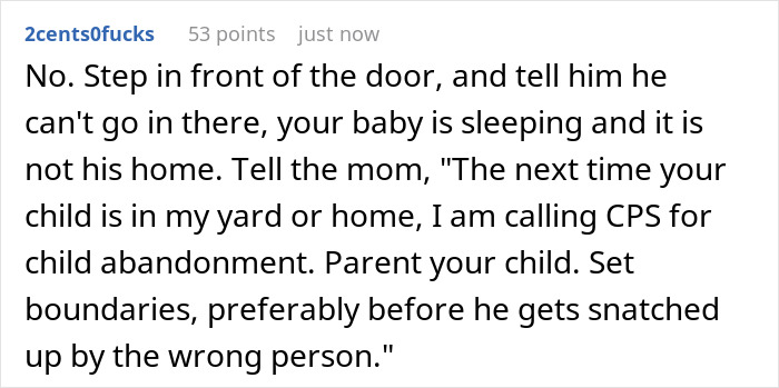 Comment text expressing concern about a 3YO toddler escaping home and running inside a neighbor&rsquo;s house.