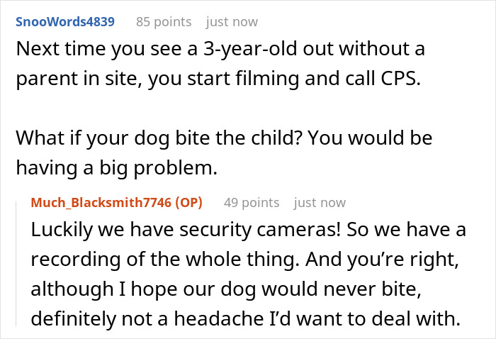 Screenshot of a conversation about a 3-year-old toddler escaping home to enter neighbor&rsquo;s house, concern over child safety.