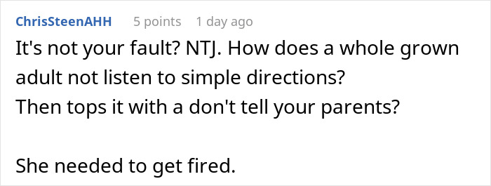 Screenshot of a comment discussing a parent noticing a kid received food they were not supposed to and a volunteer getting fired.