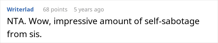 Comment text on a white background discussing self-sabotage from sister in a family adoption dispute.