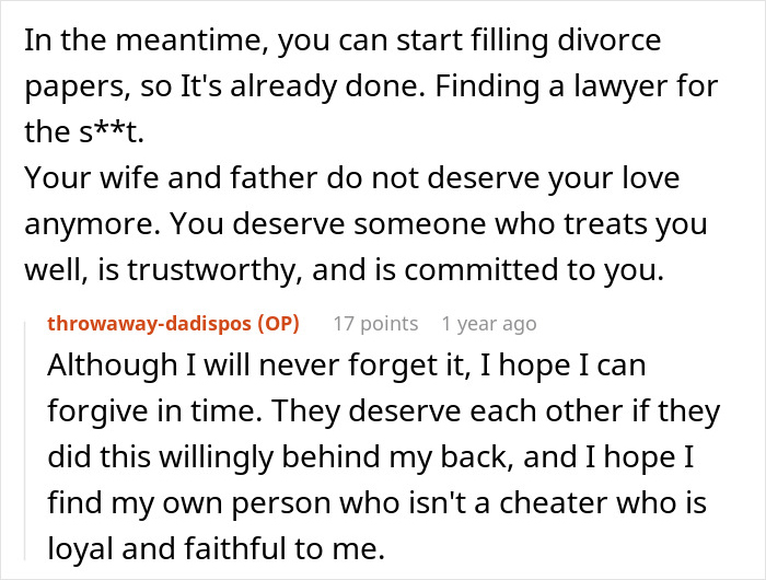 A Reddit thread discussing betrayal, where the man learns his dad confessed to his wife. A comment suggests divorce papers.