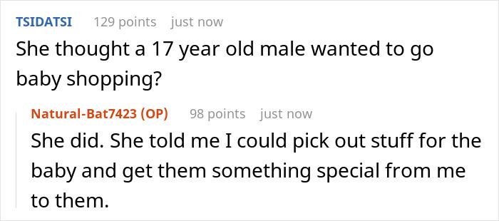 A screenshot of a Reddit thread where users discuss a pregnant GF and her BF's 17YO son regarding the baby.