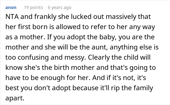 Comment discussing a woman wanting her baby adopted by her brother and conflict with sister-in-law over motherhood roles. Comment discussing a woman wanting her baby adopted by her brother and conflict with sister-in-law over motherhood roles.