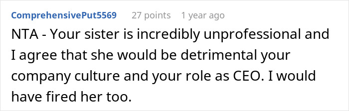 Screenshot of a Reddit comment discussing a CEO hiring her sister after downsizing and discovering the real reason for the job loss.