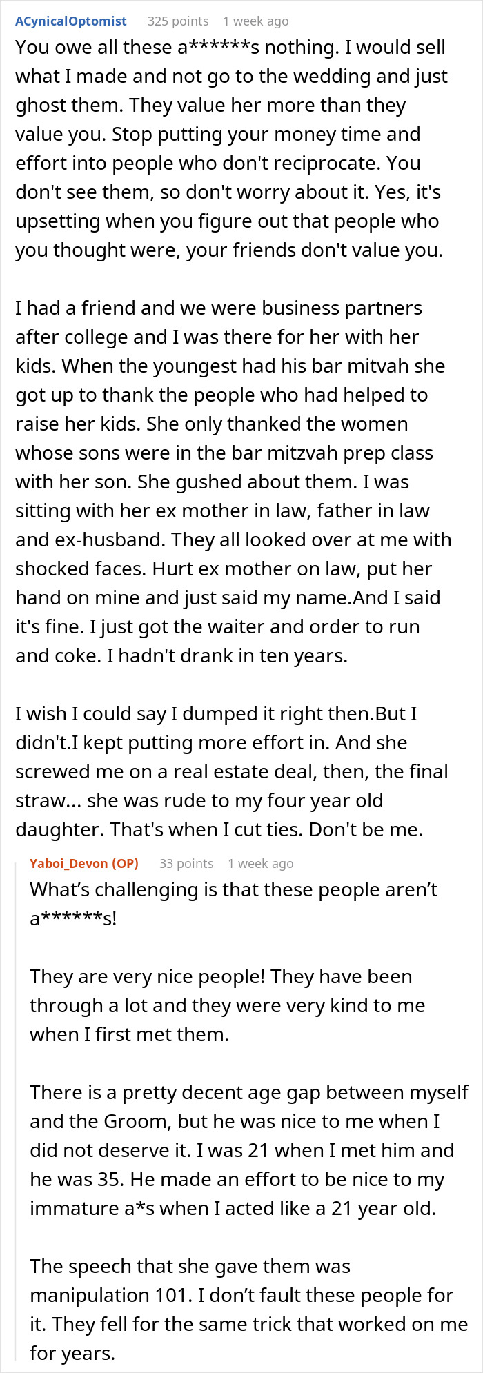 Reddit comments discussing an ex-girlfriend cheating and demanding removal from a friend's wedding. Reddit comments discussing an ex-girlfriend cheating and demanding removal from a friend's wedding.