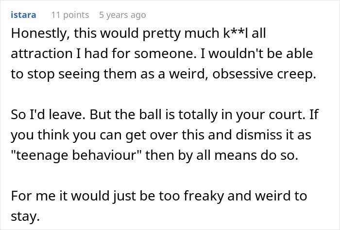 Screenshot of a Reddit comment discussing a creepy confession affecting attraction and relationship trust issues.
