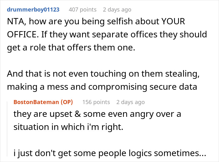 A Reddit thread with user comments discussing issues with locking school office staff and their use of office space.