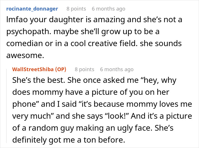 Online conversation where a dad shares funny stories about his 5-year-old daughter acting like a psychopath with jump scare moments.