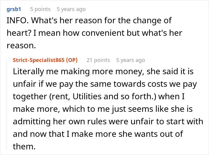 A Reddit thread about a man turning the tables on his girlfriend who refused to split finances, detailing her reason for changing her mind.