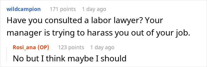 A Reddit screenshot showing a comment asking if the user has consulted a labor lawyer regarding their manager's request about a feeding tube.