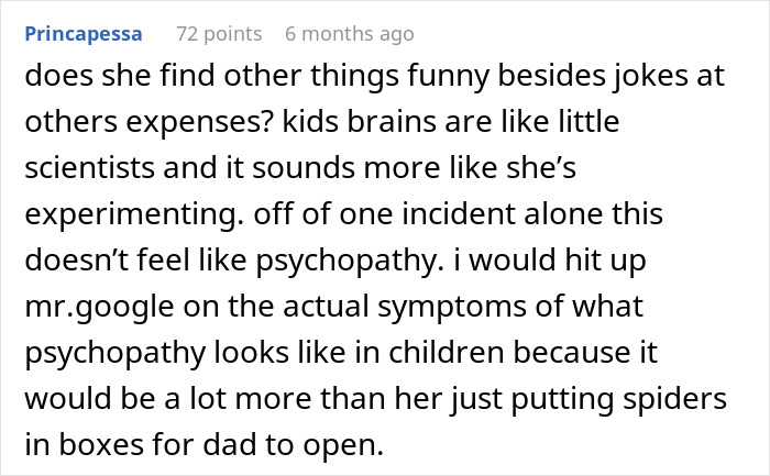 Comment discussing signs of psychopathy in a 5-year-old daughter and a dad&rsquo;s jump scare experience.