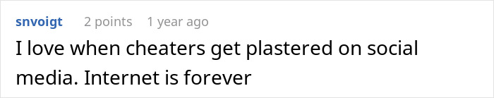 Screenshot of a social media comment about cheaters facing harsh consequences and gaining no sympathy online.