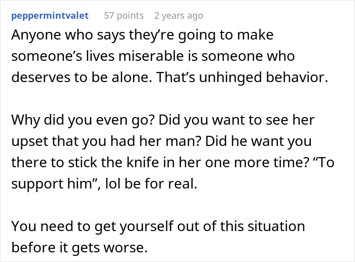 A Reddit comment criticizing someone for making another's life miserable. This relates to a man refusing to sign divorce papers.