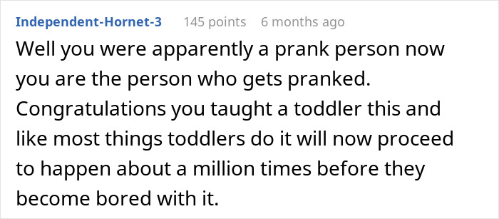 Comment on Reddit about a prank involving a toddler, highlighting a dad's jump scare and concerns about psychopathic behavior.