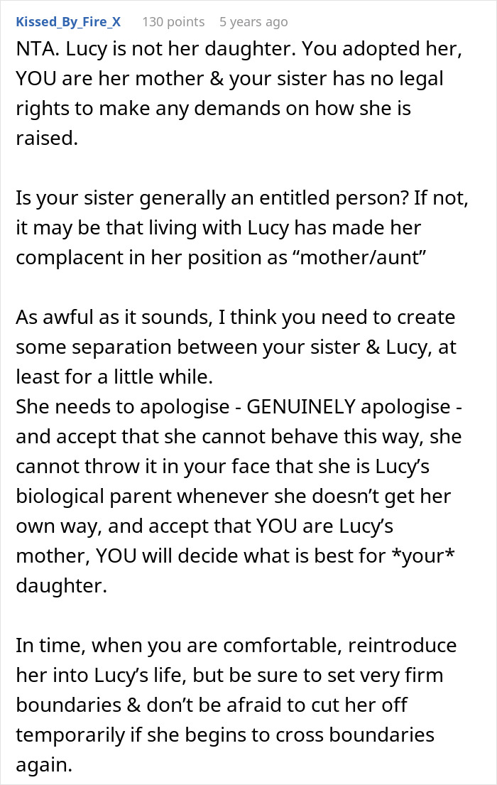 Text explaining a woman&rsquo;s sister adopting her child and the conflict over preventing her from having more children.