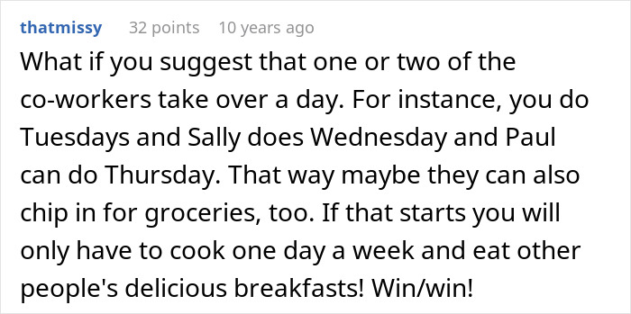 A Reddit comment suggests sharing breakfast cooking duties among colleagues, offering a solution for a wife who cooks for his colleagues.
