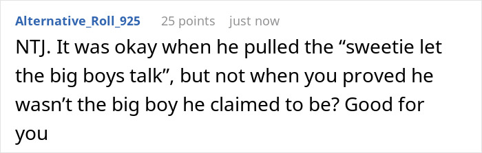 Screenshot of a dinner party comment where a man plays expert and is challenged and destroyed after calling the real expert sweetie.