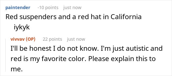 Reddit post about a driver getting humiliated, with a user discussing red suspenders and a red hat, asking for an explanation.