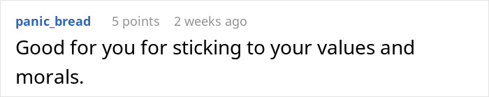 Comment text on a white background reading Good for you for sticking to your values and morals, discussing a woman rediscovering herself. Comment text on a white background reading Good for you for sticking to your values and morals, discussing a woman rediscovering herself.