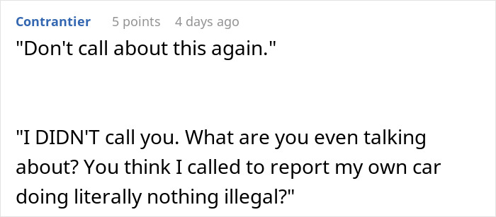 Text conversation showing a dispute about a car being wrongfully reported while parked legally in a woman's parking spot.