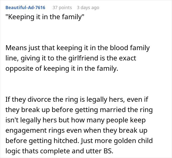 Comment discussing a brother demanding sister&rsquo;s heirloom ring for his proposal and calling her selfish when she refuses.