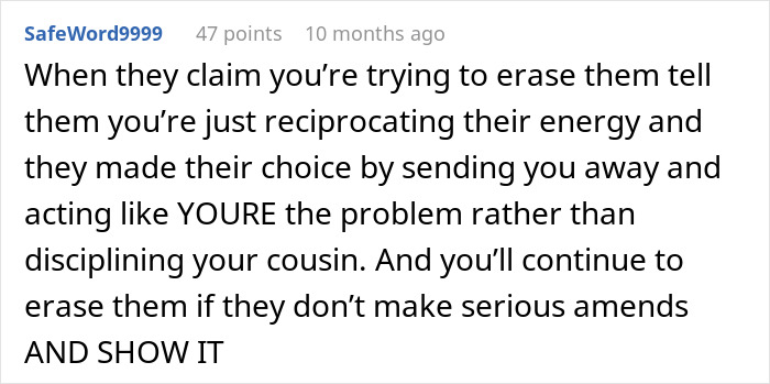Reddit comment advises cutting all contact with cousin after lies and theft unless they make serious amends.