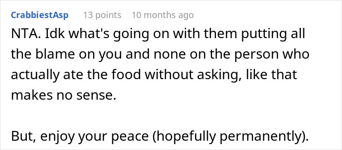 A Reddit comment giving NTA judgment, discussing misplaced blame and finding peace after a situation involving cousin's lies and theft.