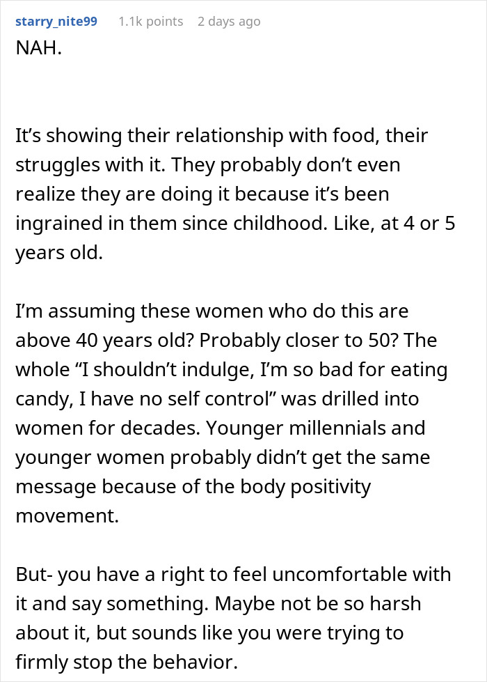 Comment discussing the candy routine and office opinions on the lady asking coworker to stop it.
