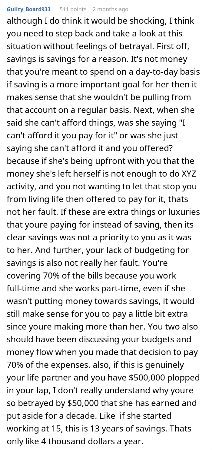 Man upset girlfriend pretended to be broke for years while secretly having substantial savings hidden.