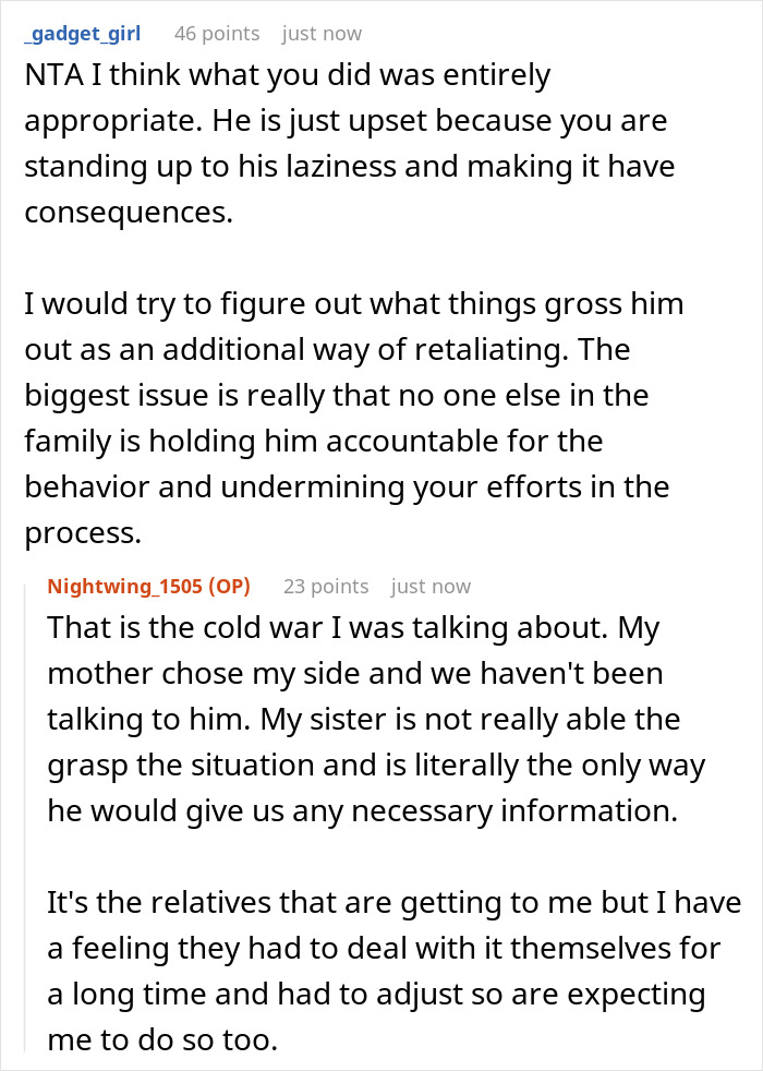 A Reddit post discussing family dynamics with a gross dad. The disgusted daughter and wet toilet seat topic is discussed.