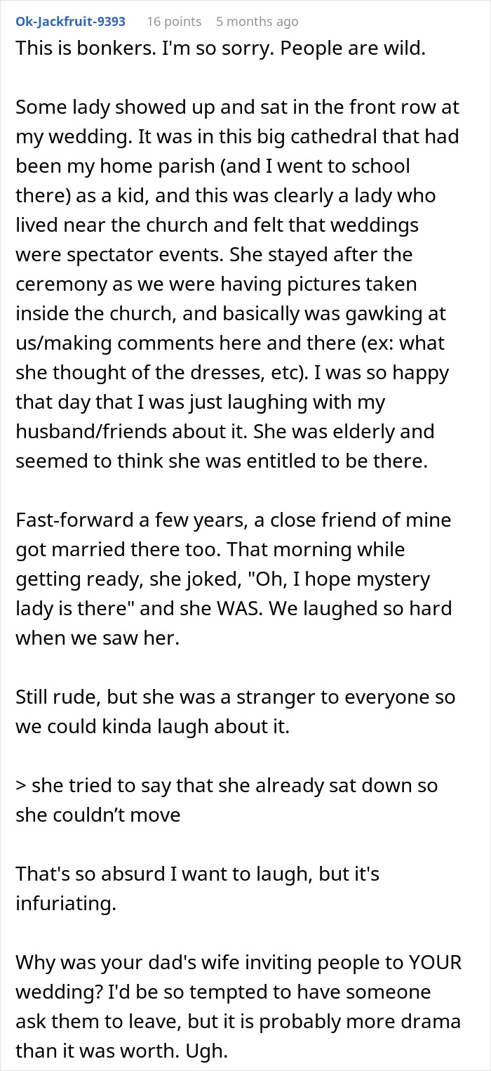 Reddit text from a user discussing a stranger's entitlement at their wedding, an SEO keyword.